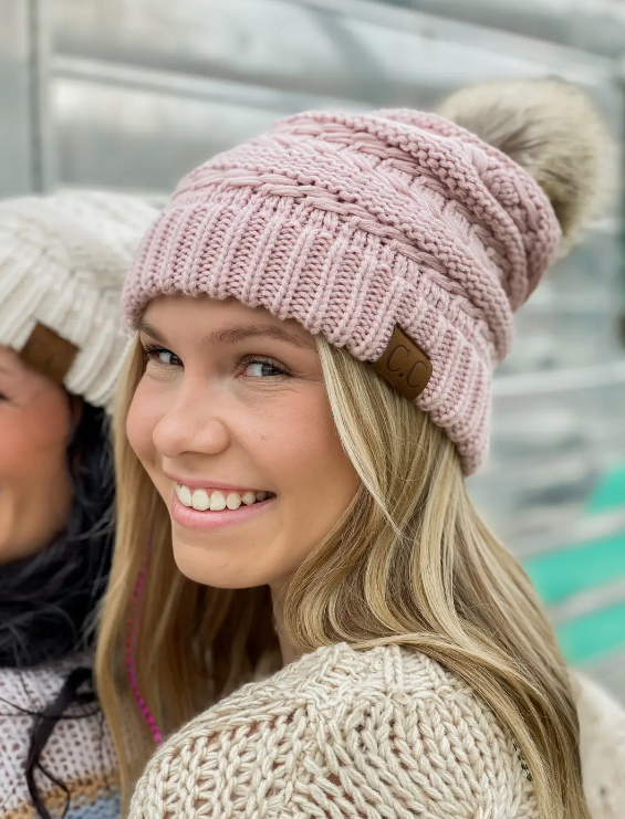 Whipstitch Knit Faux Fur Pom Beanie