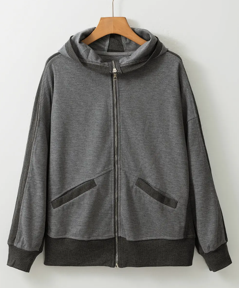 Thermal Waffle Zipper Hoodie - Gray