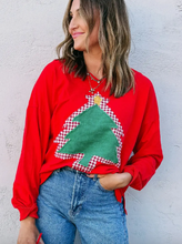 Load image into Gallery viewer, Frayed Double Christmas Tree Drop Shoulder Pullover
